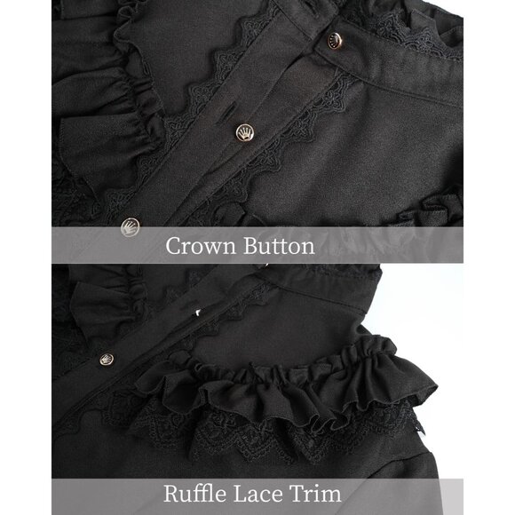 Women Black Victorian Blouse Gothic Shirt Vintage Long Sleeve Lotus Ruffle Tops - Picture 7 of 9